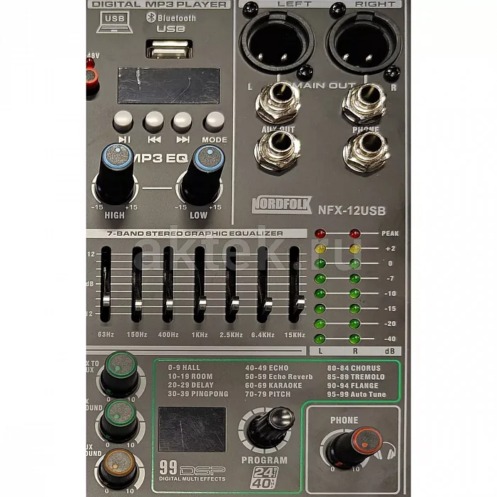 Nordfolk NFX-12USB аналоговый микшер, 12 ComboXLR, 99 эффектов, Bluetooth, USB 3