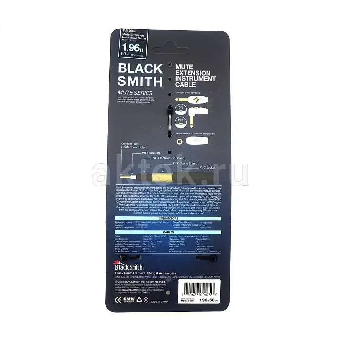 BlackSmith Mute Extension Instrument Cable 1.96ft MEIC-STS60, Jack–Jack, кнопка Mute 4