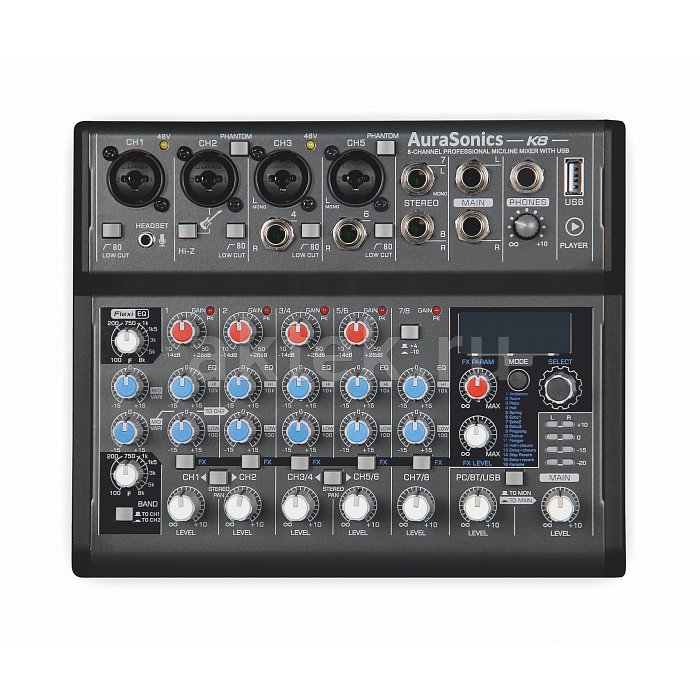 AuraSonics K8 компактный микшерный пульт 2 мик.+2 мик.моно/линейных 3