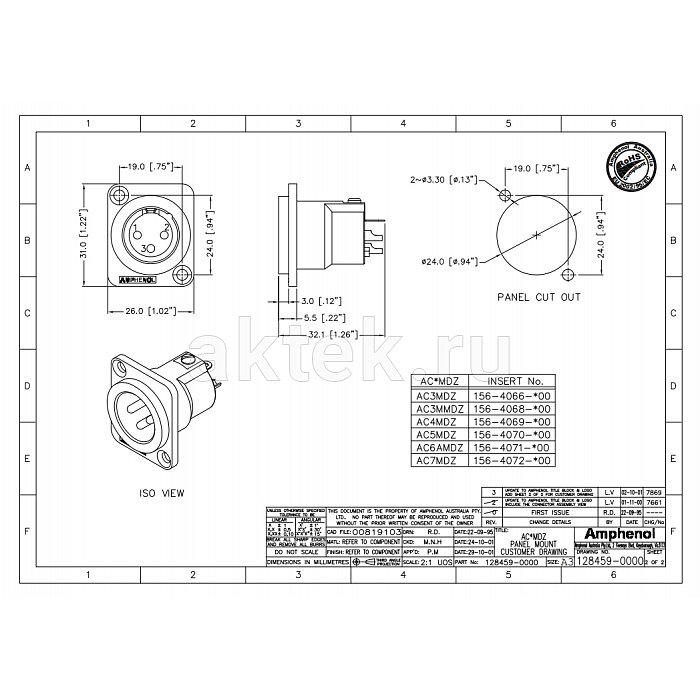 Разъем XLR AMPHENOL AC3MMDZ 2