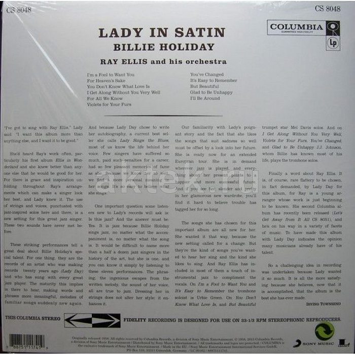 Виниловая пластинка BILLIE HOLIDAY - LADY IN SATIN 180 GRAM BLACK VINYL 12" 2