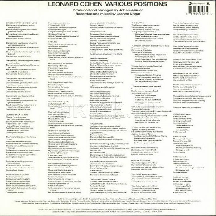 Виниловая пластинка LEONARD COHEN - VARIOUS POSITIONS BLACK VINYL 12" 2