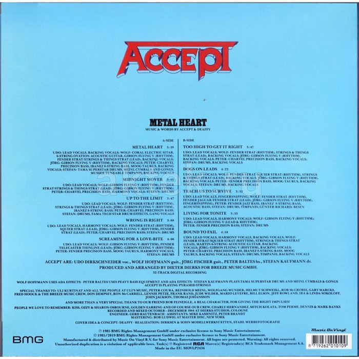 Виниловая пластинка ACCEPT - METAL HEART 180 GRAM BLACK VINYL 12" 2