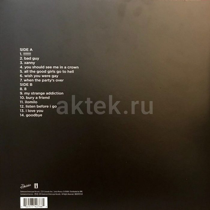 Виниловая пластинка BILLIE EILISH - WHEN WE ALL FALL ASLEEP 180 GRAM BLACK VINYL 12" 2