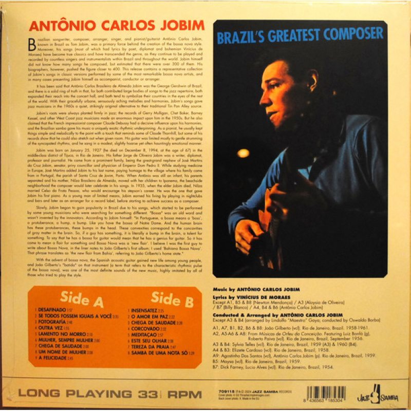 Виниловая пластинка ANTONIO CARLOS JOBIM - BRAZIL'S GREATEST COMPOSER BLACK VINYL 12" 2