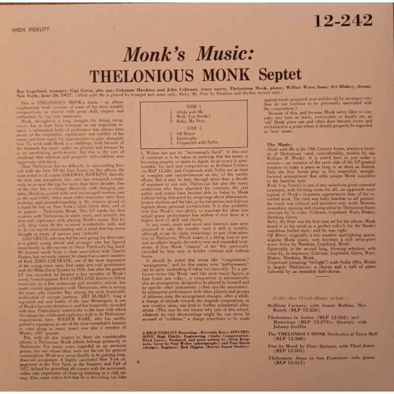 Виниловая пластинка THELONIOUS MONK SEPTET - MONK'S MUSIC 180 GRAM BLACK VINYL 12" 3