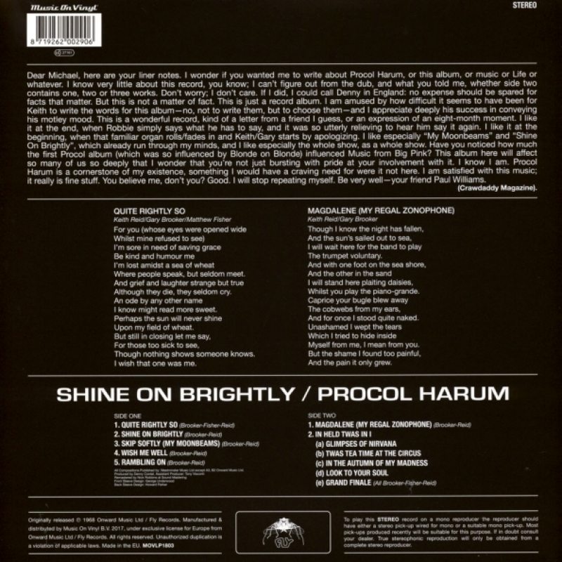 Виниловая пластинка PROCOL HARUM - SHINE ON BRIGHTLY BLACK VINYL 12" 2