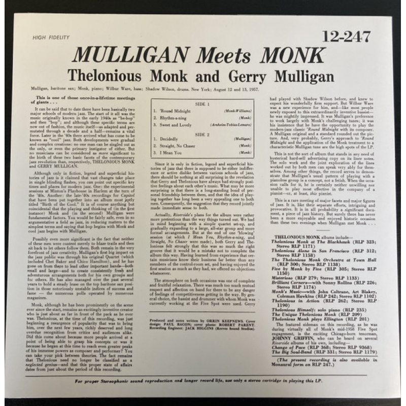 Виниловая пластинка THELONIOUS MONK AND GERRY MULLIGAN - MULLIGAN MEETS MONK 180 GRAM BLACK VINYL 12" 2