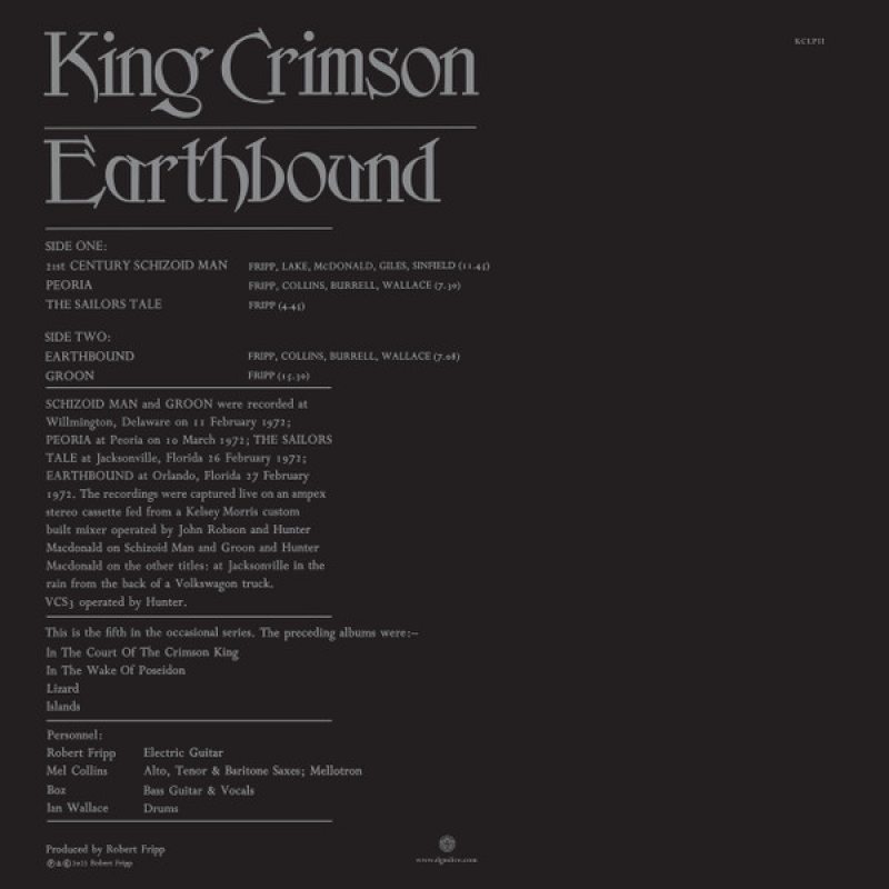 Виниловая пластинка KING CRIMSON - EARTHBOUND BLACK VINYL 12" 2