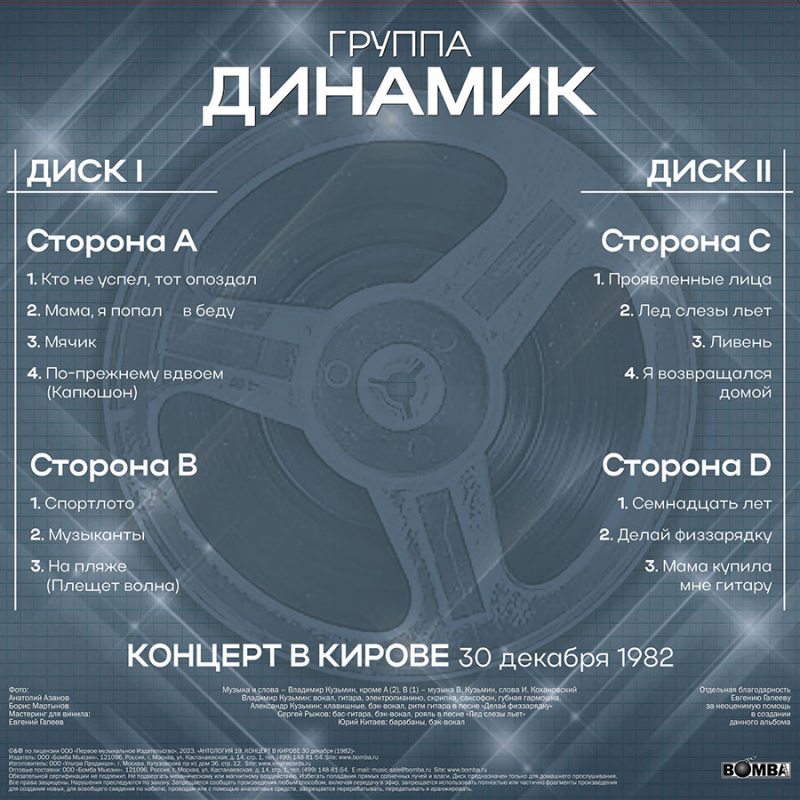 Виниловая пластинка ВЛАДИМИР КУЗЬМИН - ДИНАМИК 82 (КОНЦЕРТ В КИРОВЕ) (CADMIUM O BLACK VINYL 12" 3