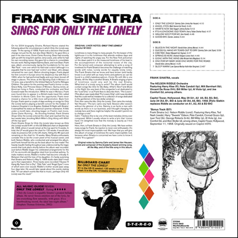 Виниловая пластинка FRANK SINATRA - ONLY THE LONELY 180 GRAM BLACK VINYL 12" 2