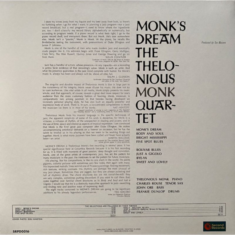 Виниловая пластинка THELONIOUS MONK - MONK'S DREAM BLACK VINYL 12" 2
