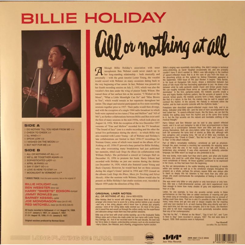 Виниловая пластинка BILLIE HOLIDAY - ALL OR NOTHING AT ALL 180 GRAM BLACK VINYL 12" 2