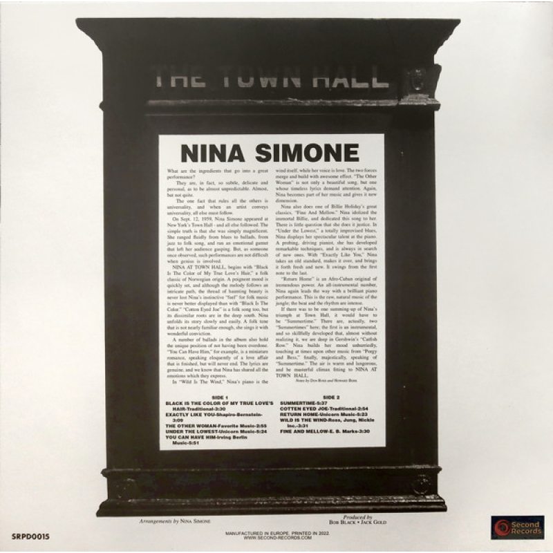 Виниловая пластинка NINA SIMONE - AT TOWN HALL BLACK VINYL 12" 2