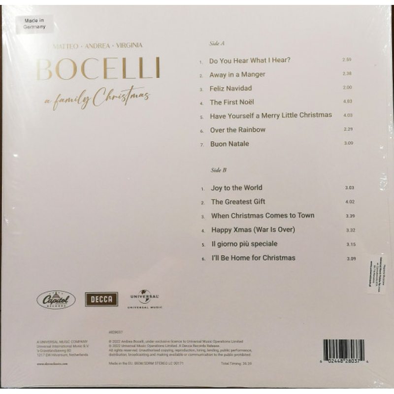 Виниловая пластинка ANDREA, MATTEO AND VIRGINIA BOCELLI - A FAMILY CHRISTMAS BLACK VINYL 12" 3