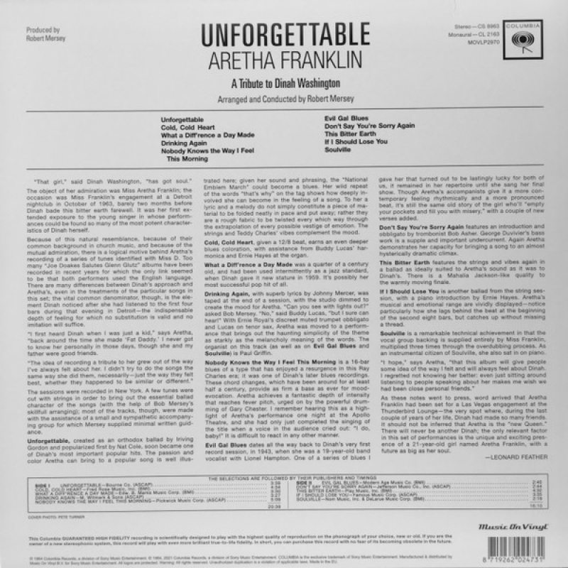 Виниловая пластинка ARETHA FRANKLIN - UNFORGETTABLE - TRIBUTE TO DINAH WASHINGTON BLACK VINYL 12" 2