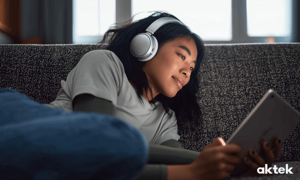 Девушка в накладных наушниках on-ear отдыхает с планшетом