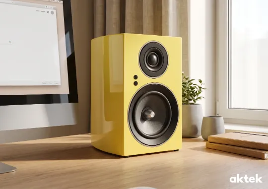 Полочная акустическая система Jamo C707PA MKII Yellow в интерьере, колонка стоит на рабочем столе рядом с компьютером