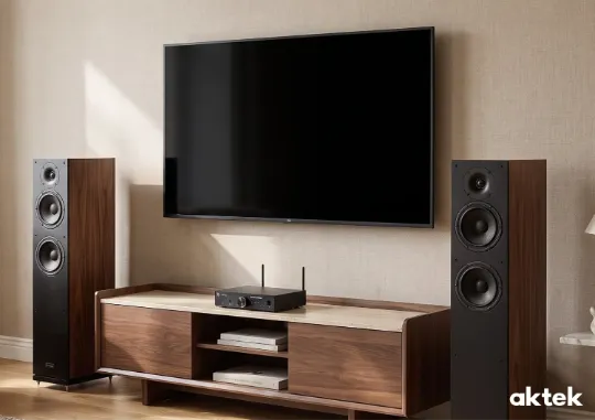 Напольная акустическая система Radiotehnika Gamma 3.02 Walnut и интегральный стереоусилитель Radiotehnika RTM01в интерьере гостиной