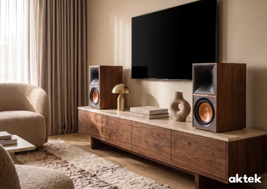 Активная акустика полочная Klipsch The Nines Walnut в интерьере гостиной. колонки стоят на полке у телевизора